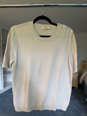 Tory Burch Short-Sleeve Crew Sweater in Cream